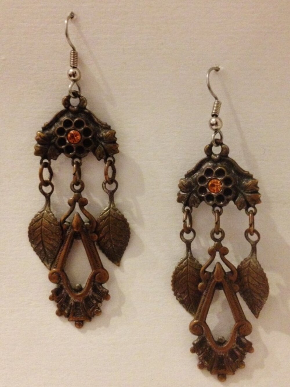 Chandelier Amber Rhinestone Earrings Mixed Metal Flower Leaf Pierced Dangle